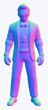 A stylized 3D male humanoid standing with a slight forward lean, hands at sides, wearing a suit with notched lapel jacket, cuffed sleeves, matching trousers, dress shirt, bowtie, ornate belt with central buckle, sunglasses, wristbands, and dress shoes; facial features simplified, short hair.