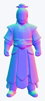 A 3D-rendered humanoid figure stands upright in a traditional East Asian warrior or deity pose, holding a curved blade with an ornate hilt and dragon-head pommel in the left hand and a shallow bowl in the right, wearing layered robes with decorative hems and sleeves, a waist sash, right shoulder armor, and an elaborate headdress with horn-like protrusions, mustache, and beard.