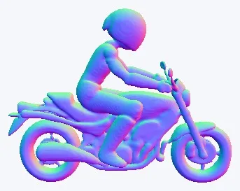 A stylized humanoid figure with a sleek exoskeleton sits astride a futuristic motorcycle, rendered as one integrated asset, featuring articulated joints and a full-face helmet, paired with a low-slung chassis and exposed mechanical components.