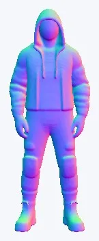 A standing full-body humanoid figure with hands partly in jacket pockets, wearing a hooded jacket featuring vertical stripes on shoulders and upper arms, visible inner lining at the open collar, patches on sleeves and chest, matching trousers with rectangular thigh panels and seam details, and rugged laced boots with soles and heel accents; realistic proportions and clean topology.