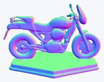 A 3D-rendered adventure motorcycle on a hexagonal base with gravel and metallic debris, showing a windscreen, dual front disc brakes, spoked wheels with knobby tires, high-mounted exhaust, BMW roundel on the fuel tank, tubular frame, exposed engine, rear mono-shock suspension, stepped seat, rear luggage rack, and right-side profile with body panels, handlebars, mirrors, and footpegs.